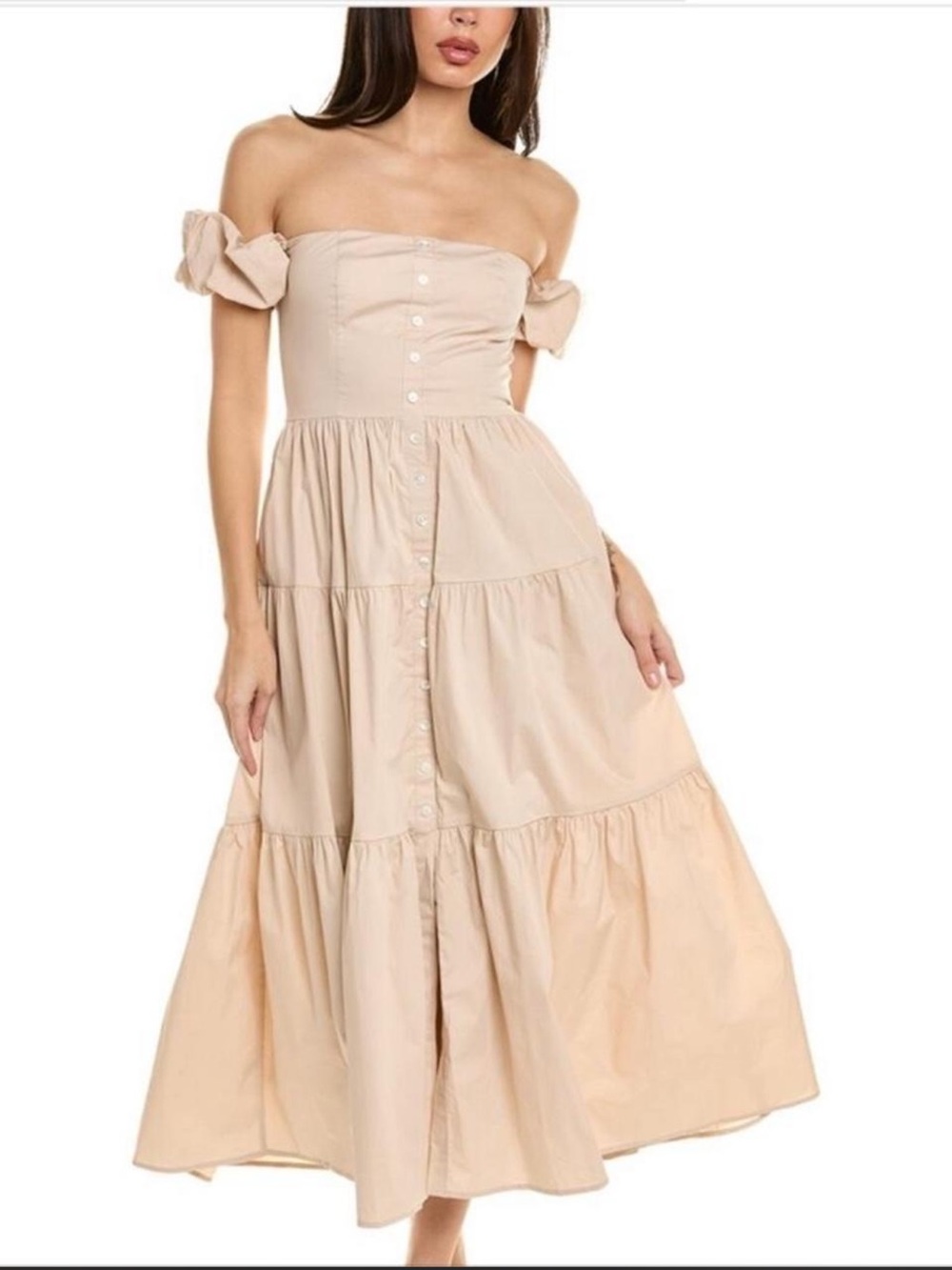STAUD Elio Off-Shoulder Cotton Tiered Button-Front Maxi Dress